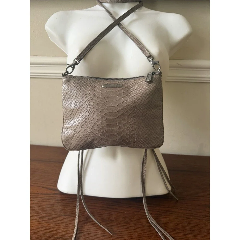 Rebecca Minkoff 3-Zip Crossbody Bag Taupe Grey Snake Embossed Leather Fringe